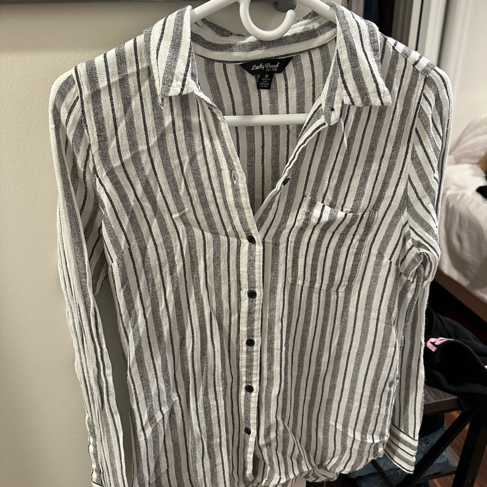 White and Gray Striped Button Down Shirt with Collar